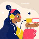 An illustration of a young woman with headphones plugged into a book