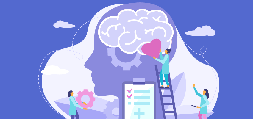 An illustration of a doctor climbing a ladder next to an oversized manakin, putting a heart shape into the brain