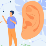 An illustration of friends talking next to an oversized ear