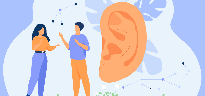 An illustration of friends talking next to an oversized ear