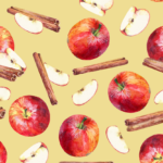 An illustration of whole apples, apple slices, and cinnamon